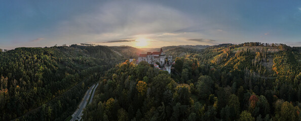 Medieval castle Pernstejn during sunset. Moravia, Czechia.