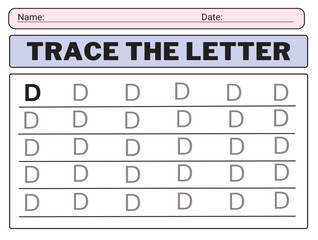 Alphabet letters tracing worksheet with all alphabet letter D. Basic writing practice for kindergarten kids