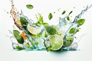 Water splash on white background with lime slices, mint leaves, and ice cubes as a concept for summertime libations. Generative AI © 2ragon
