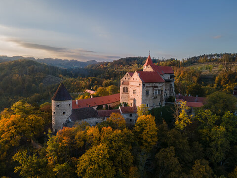 Medieval castle Pernstejn during sunset. Moravia, Czechia.