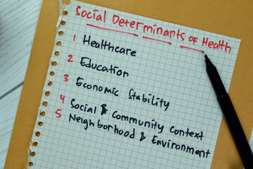 Concept of Social Determinants of Health write on paper book isolated on Wooden Table.