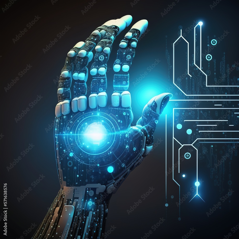 Poster machine learning, artificial intelligence, and robotic and human hands interacting with a global net