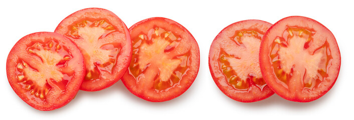 Tomato slices on white background. File contains clipping path.