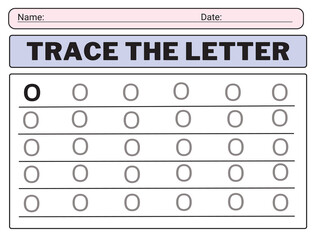 Alphabet letters tracing worksheet with all alphabet letter O. Basic writing practice for kindergarten kids