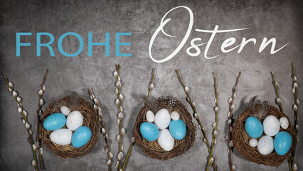 Frohe Ostern Feier Feiertage  Hintergrund mit deutschem Text - Osternester mit weissen und türkise...