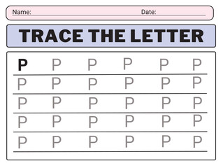 Alphabet letters tracing worksheet with all alphabet letter P. Basic writing practice for kindergarten kids