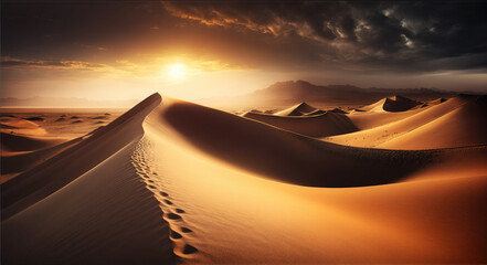 Atmospheric and mystical moody light of the sunset sunbeam illuminated the slope of a sand dune somewhere in the depths of the Sahara Desert. AI generative