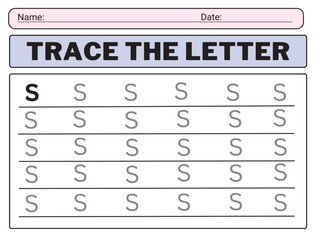 Alphabet letters tracing worksheet with all alphabet letter S. Basic writing practice for kindergarten kids