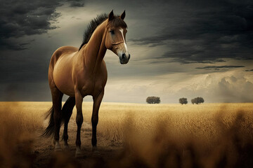 Fototapeta na wymiar a brown horse in a field with dramatic sky. Generative AI