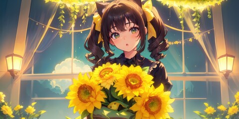 A beautiful teen girl enjoying the sunflowers with pet cat. Generative AI
