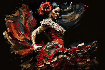 Flamenco Spanish Dancers abstract art with vivid passionate colours, digital art,generative ai - obrazy, fototapety, plakaty