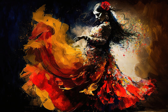 Flamenco Spanish Dancers abstract art with vivid passionate colours,  digital art,generative ai