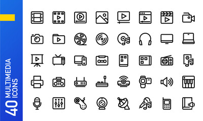Set of multimedia icons in trendy line style. High quality outline symbols for web site design, mobile apps, user interface. Multimedia outlined icon collection.