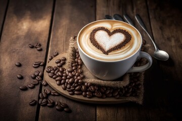 a cup of heart shape coffee sitting on top of a wooden table with coffee beans