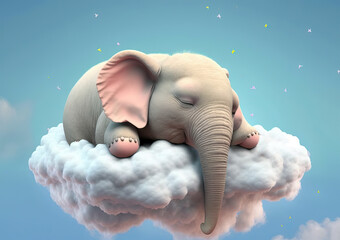 A cute little baby elephant sleeps on a cloud. Children's book illustration on a sky background, Ai generative