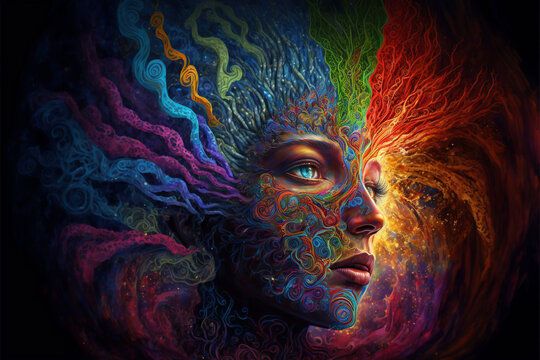Ayahuasca, psychedelic, transcending, girl, woman, spiritual, natural, colorful, art, illustration, dmt, lsd, hallucinatory, kaleidoscopic, multicolored, consciousness-expanding, hallucinogenic, psych