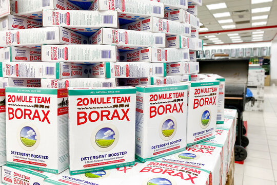 PENANG, MALAYSIA - NOV 04, 2020: Borax Detergent Booster stacks up in hardware stores.