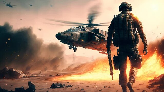Soldier with helicopter and fire desert looped animation,  Special Forces Unit, Battlefield Epic Scene	