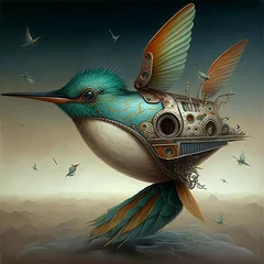 Poster de jardin Inspiration picturale A mechanical hummingbird, an illustration of the execution of a surreal bird with mechanics. Generative AI