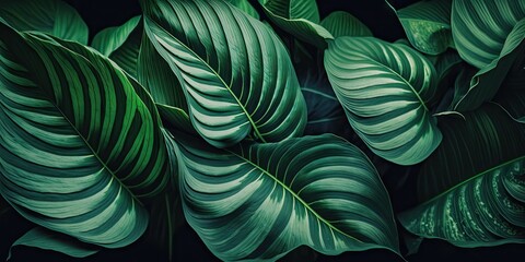 Spathiphyllum cannifolium leaves, abstract green texture, background of nature, tropical leaf. Generative AI