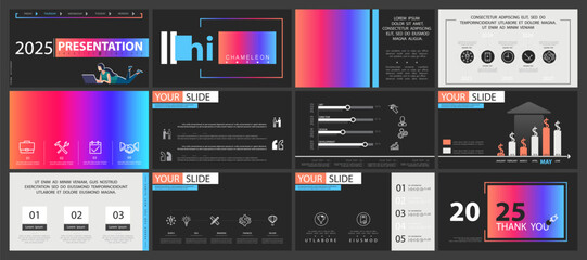 Business presentation template. Set, elements of infographics, black background. Flyer, postcard, corporate report, marketing, advertising, banners. Slideshows, brochures, annual report, vector