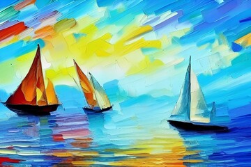 Colorful oil painting on canvas texture. Impressionism image of seascape paintings with sunlight background. Modern art oil paintings with boat, sailing on the sea.
- generative ai