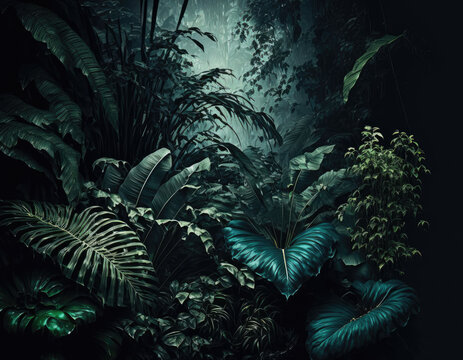 dark prehistoric jungle. rainforest. Generative AI