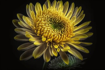 Yellow chrysanthemum blossom captured in macro against a dark background. Generative AI