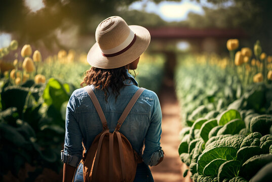 Generative ai back view of young woman walking growing green agriculture in vegetables garden