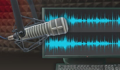 professional microphone and sound wave form on computer screen