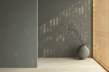 Modern bright minimalist interior dark blank wall in living room, dry plants in vases. 3d render illustration mock up.