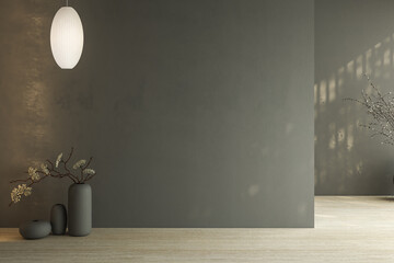 Fototapeta na wymiar Modern bright minimalist interior dark blank wall in living room, dry plants in vases. 3d render illustration mock up.