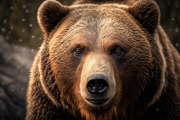 Fototapeta na wymiar Close up detail portrait of a brown bear. animal in peril, brown fur coat. Animal muzzle with eyes, fixed gaze. Russian large mammal vicious animal. Generative AI