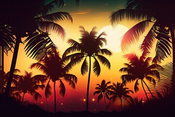 Obraz na płótnie Canvas Coconut trees and palm trees in the tropics against a bokeh and sunset sky background. Generative AI