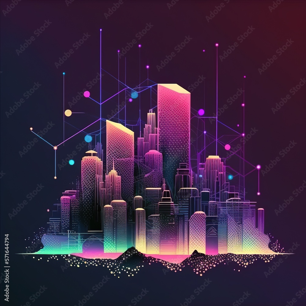 Poster smart city and abstract dot point connect with gradient line, big data connection technology concept