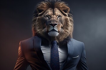 Inflexible lion in a business suit. Business theme. AI generation.