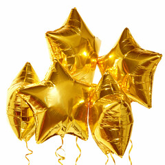 Balloons golden stars on a white background isolated. Holiday, event, christmas.