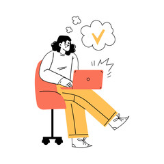 Productivity with Woman Character Sitting on Chair at Laptop Managing Task Vector Illustration