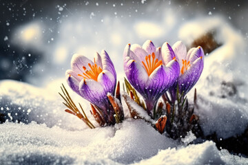 lilac colored tulips in winter in the snow. Generative AI