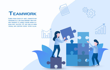 A jigsaw teamwork concept is a visual representation of team members working together like a puzzle to achieve a common goal. Symbol of teamwork, cooperation, partnership. Vector illustration eps10.