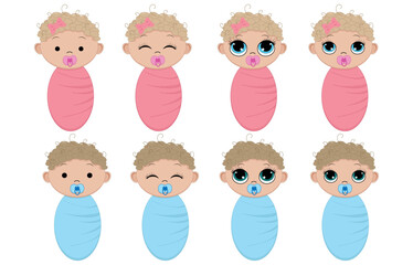 Set of newborn girls and boys in cartoon style.