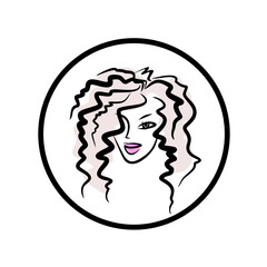 Hairstyle logo. Curly hair cut. Beauty salon face icon. Lovely lady portrait - vector illustration in a circle.