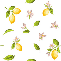Lemon seamless pattern . Fruit, leaf and flowers.