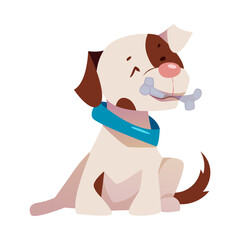 Cute Puppy with Brown Spot and Blue Collar Sitting with Bone Vector Illustration