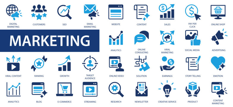 Digital marketing icons set. Content, search, marketing, ecommerce, seo, electronic devices, internet, analysis, social and more flat icon.