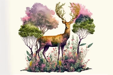 Fototapeten Watercolor illustration of a deer with antlers in the forest on a white background. Generative AI © jr-art