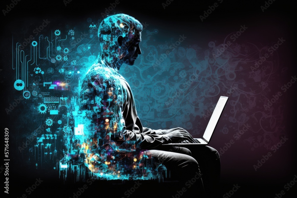 Poster internet of things (iot) idea, digital software development, background in future technology man uti