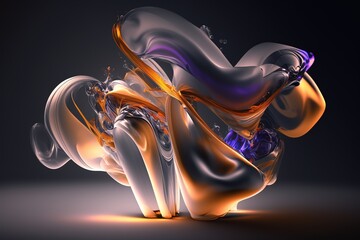 3d render of abstract art of surreal ball or sphere in curve wavy organic biological lines forms in glossy plastic and matte parts in purple and orange gradient color on white background, ai