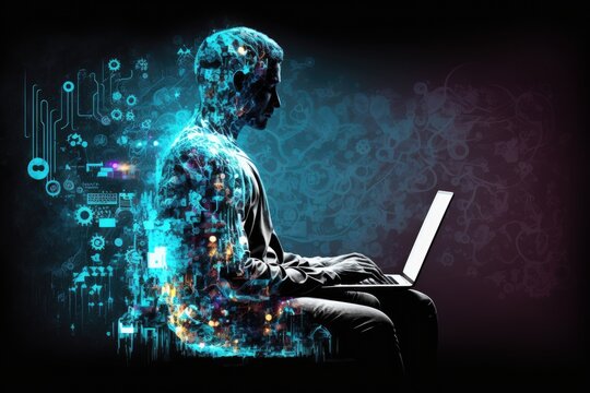 Internet of Things (IoT) idea, digital software development, background in future technology Man utilizing laptop and digital tablet with connectivity to the internet and computer code. Generative AI