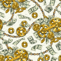 Pattern with cash money, 100 US dollar bills, gold one dollar coins, gears, bike chain. Creative concept of making money. For prints, clothing, apparel, surface design.
